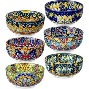 Cereal Bowls Set of 6, Bohemian Ceramic Soup Bowls, 28 oz Colorful Bowls Set for Kitchen, Dishwasher & Microwave Safe for Salad, Pasta, Rice, Oatmeal, Fruit