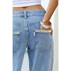 Kavira Light Wash Denim Diamante Trim Low Rise Jeans