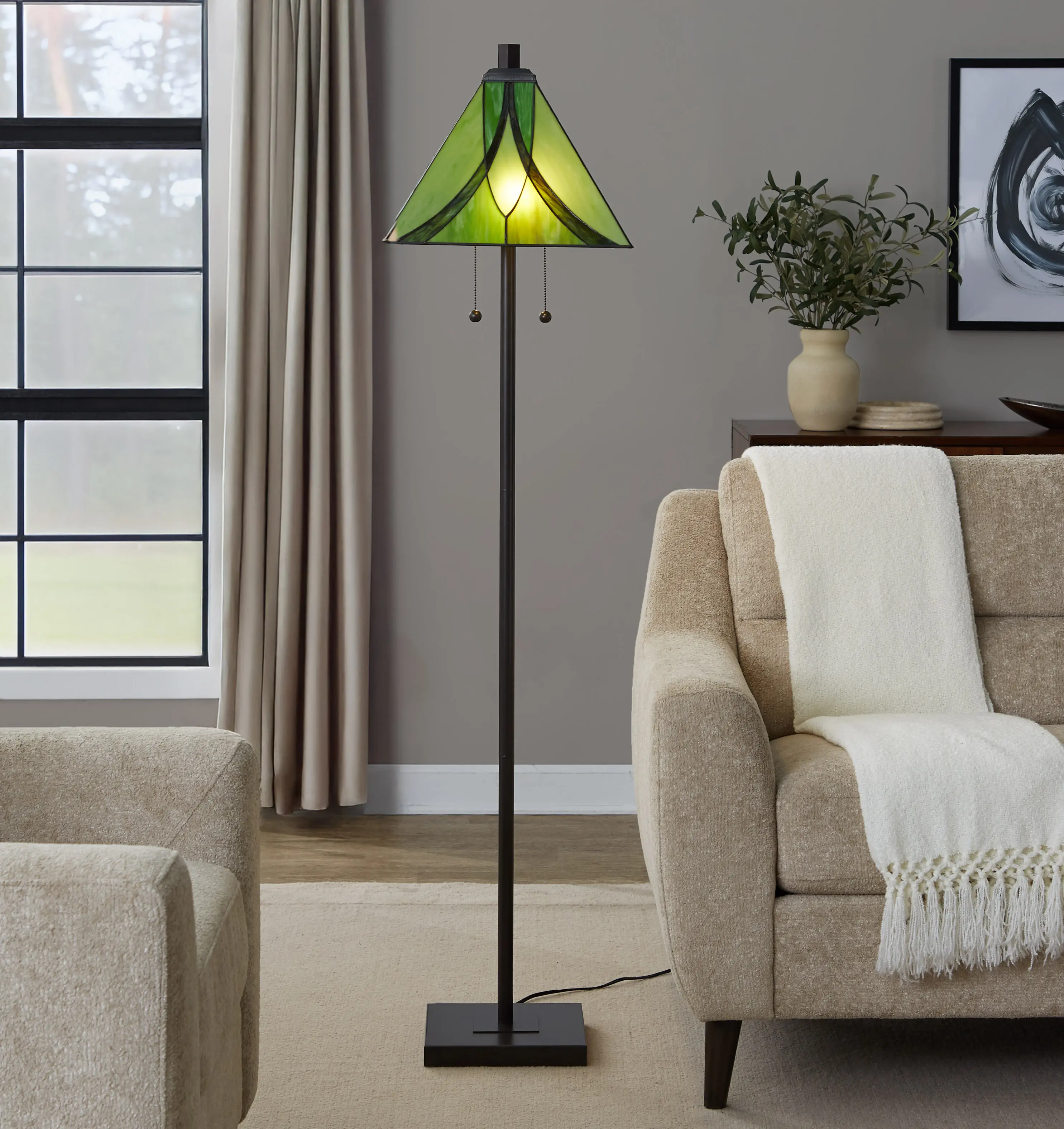 Oil Rubbed Bronze Floor Lamp with Green Glass Shade, 63 Inches Tall