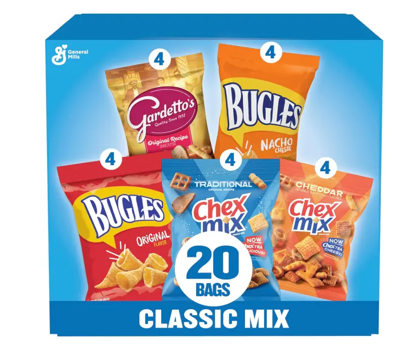 Classic Mix Snack Variety Pack, Bugles Original and Nacho Cheese, Gardetto's Original Recipe, Chex Mix Traditional and Cheddar, 20 Ct, 28 oz
