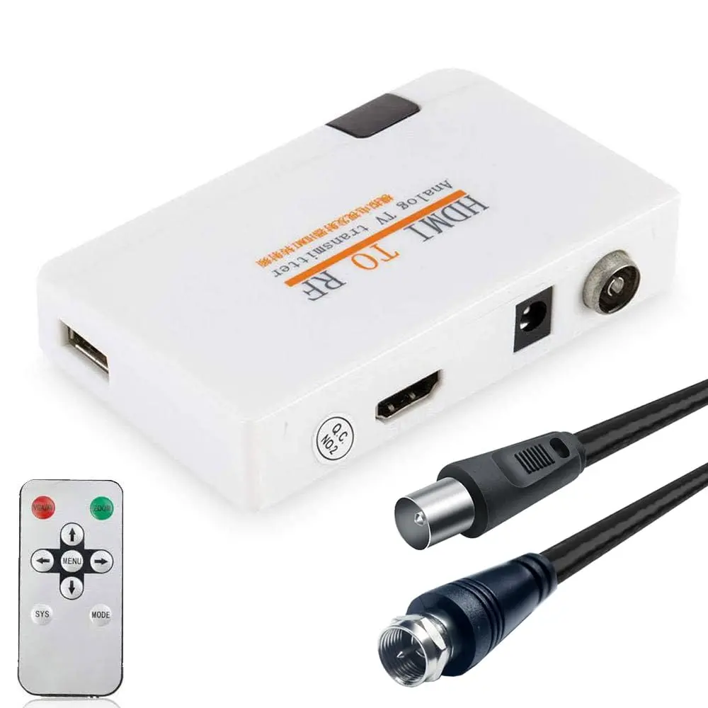 HD-to-RF HDMI RF Modulator Coax Converter with F-Type Plug, Male F-Type Cord, VHF Adapter, Remote - 480p HD Digital Video to Coaxial Out for NTSC TV, Game Consoles (PS4, PS5, Xbox, Switch) & Screen Accessories