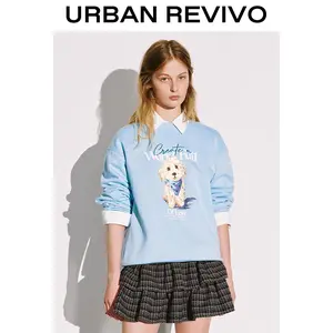 URBAN REVIVO Women's Chic Printed Hoodie Sweatshirt - Long-Sleeve Round Neck, Graphic T-Shirt-Inspired, Comfortable Everyday Casual Top, Versatile for Plaid Skirt Pairing (UYL450292)