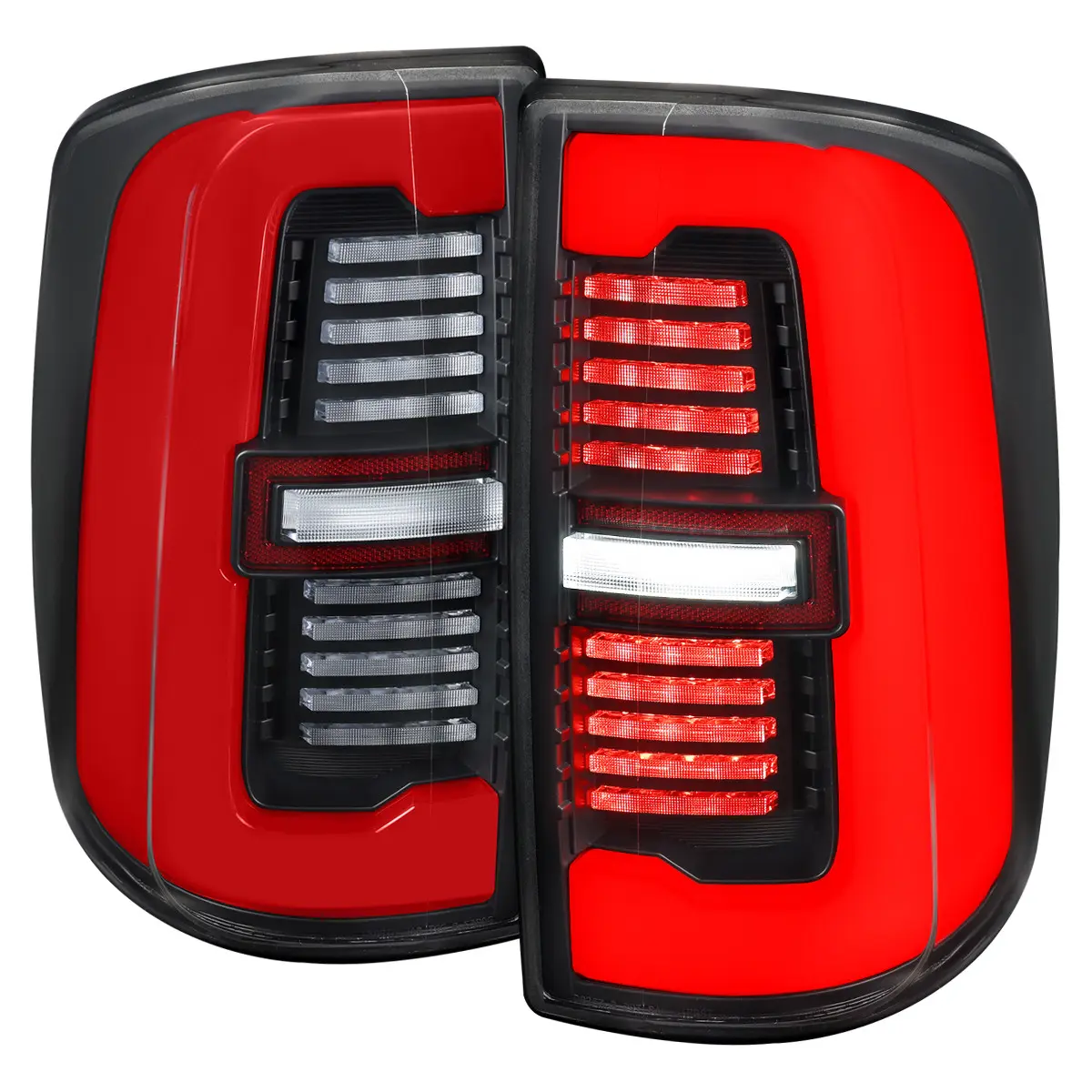 SPEC-D TUNING 2019-2024 RAM 2500/3500 Red Fiber Optic LED Bar Tail Lights - Black Housing/Clear Lens, Pre-Wired Setup, Led Blinker, Turn Signal Light, Turn + Brake Function