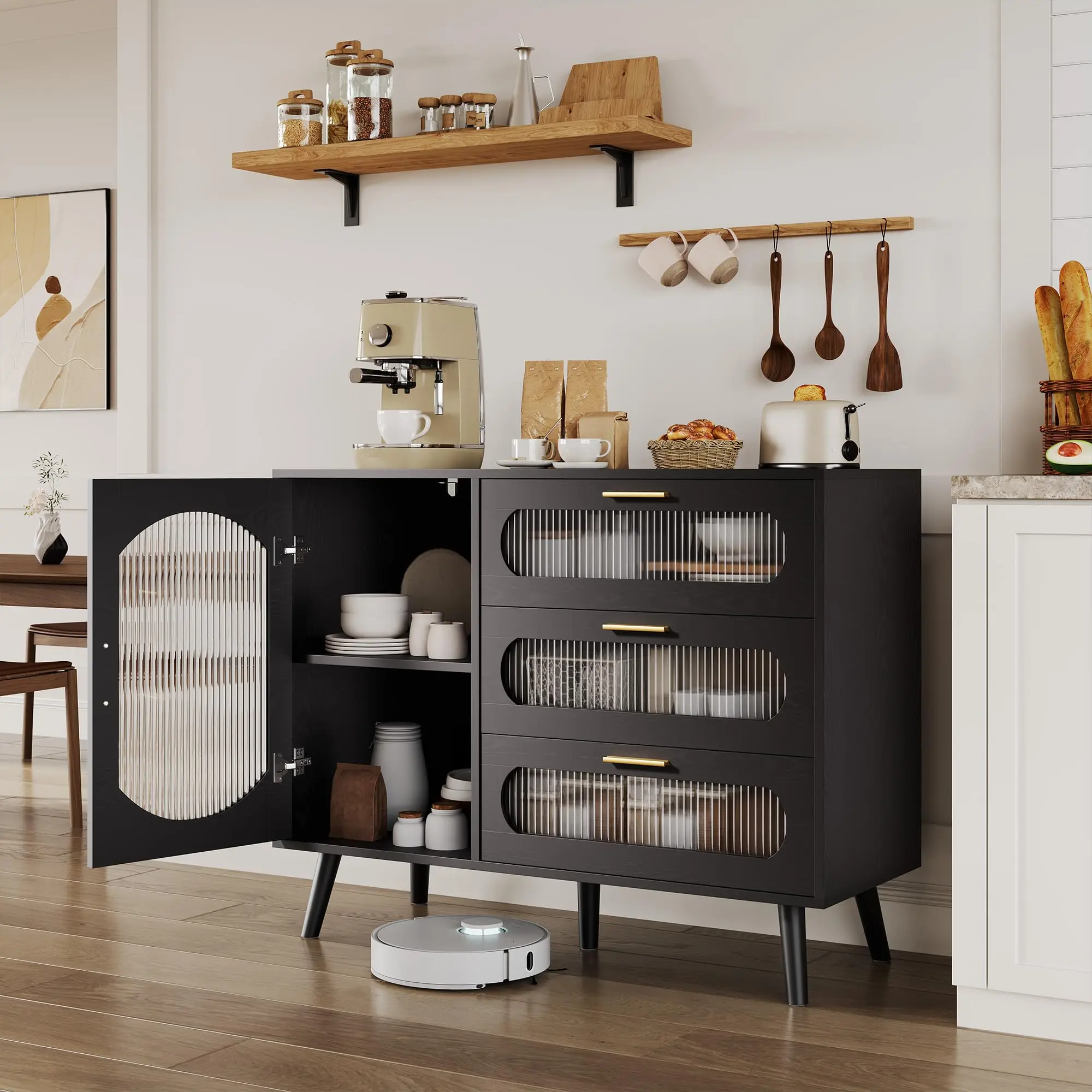 Modern 39.4 Inch Buffet Cabinet, Black Sideboard with Fluted Glass Door, 3 Drawers & Adjustable Shelf, Freestanding Console Table for Kitchen, Dining Room and Living Room