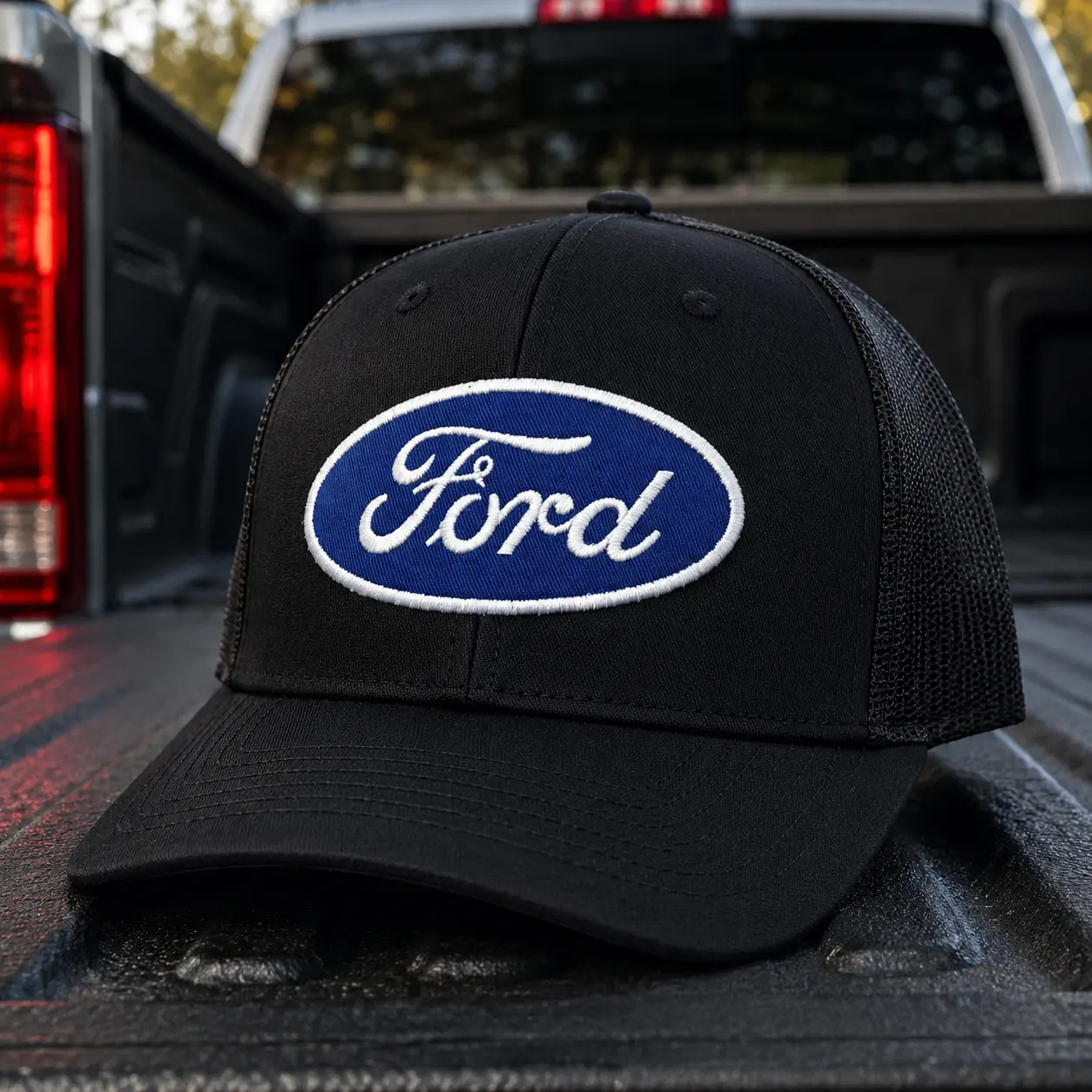 Ford Vintage Logo Trucker Hat, Black Mesh Snapback Cap, Classic Embroidered Ford Baseball Hat for Men & Women