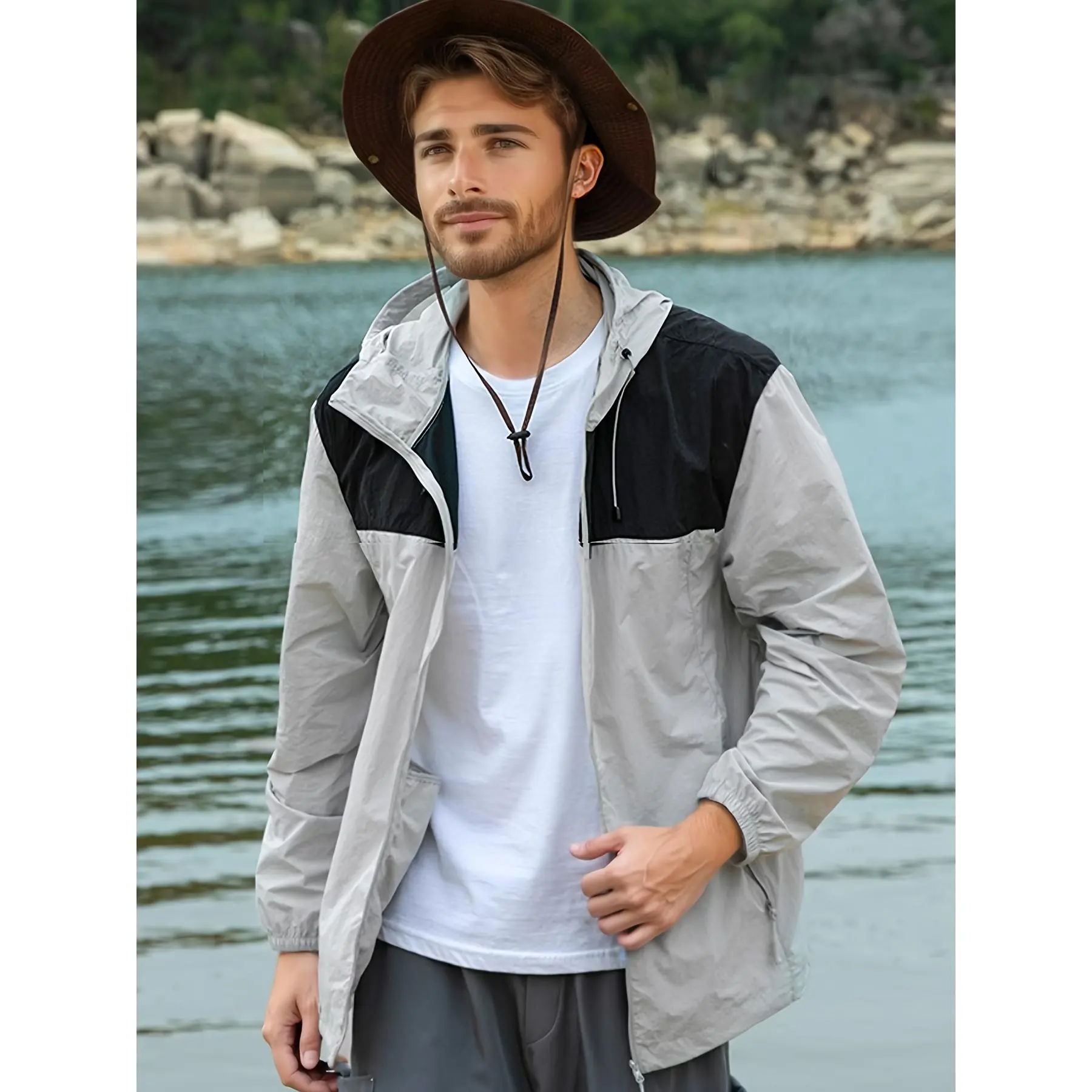 Men's Hooded Long-Sleeve Softshell Windbreaker Jacket - Zipper-Closure, Lightweight, UV-Resistant Color Block Nylon Sportswear Tops for Outdoor Sports, Polyamide, Windproof, Casual, Stretch, Athletic Coats
