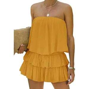 Women's Off-Shoulder Strapless Smocked Jumpsuit/Playsuit Dress - Flowy Summer Casual