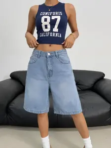 Women's Loose Jorts Denim Shorts, Water Washed Leg-Lengthening American Vintage Five-Quarter Pants, Casual Summer Fashion