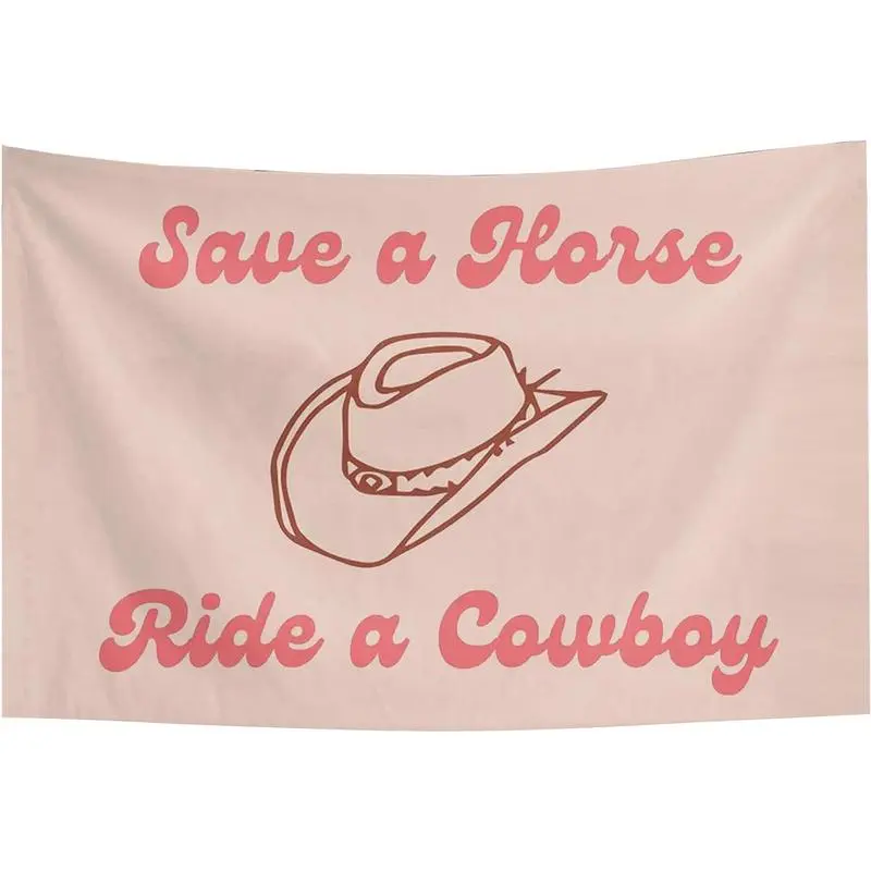 Durable Decorative Wall Tapestry - "Save A Horse Ride A Cowboy" Pink Design with Cute Cowboy Hat, Lightweight Banner, Indoor-Outdoor Beach Decoration, Teen Room Hanging Gift