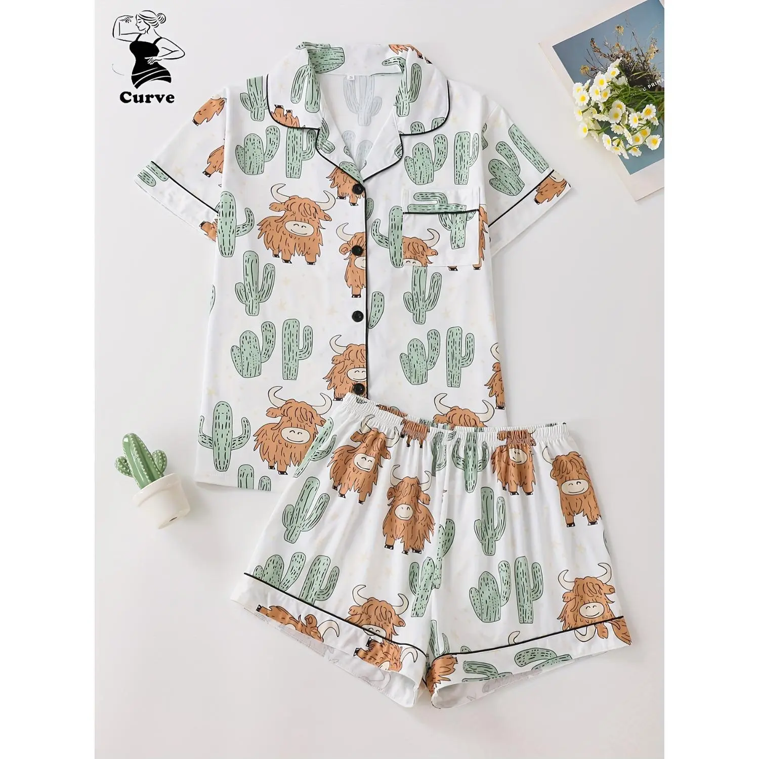 Plus Size Women's Pajama Set - Cow Cactus Print, Short Sleeve Lapel Button Top with Matching Comfortable Shorts, Perfect Sleepwear and Loungewear for Summer