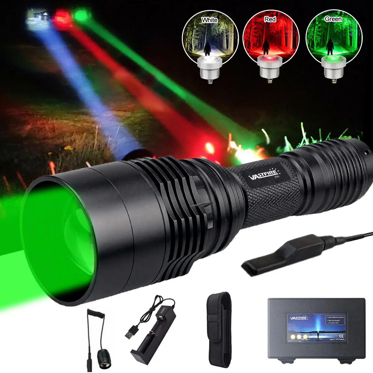 VASTFIRE Zoomable Tactical Flashlight, 800-yd High Lumen Flashlight with Super Bright Green, Red, White LEDs, USB Rechargeable Aluminum Alloy Portable Light for Night Observation, Hiking, High Lumen Flashlights