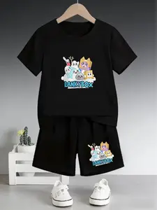 Lankybox Cute Character Collection Game-Style Printed Children's Set - Summer New Design Boys' And Girls' Short-Sleeved T-Shirts + Shorts 2-Piece Set. Comfortable, Casual, Fashionable And Versatile For Daily Use. Ideal Gift Choice.