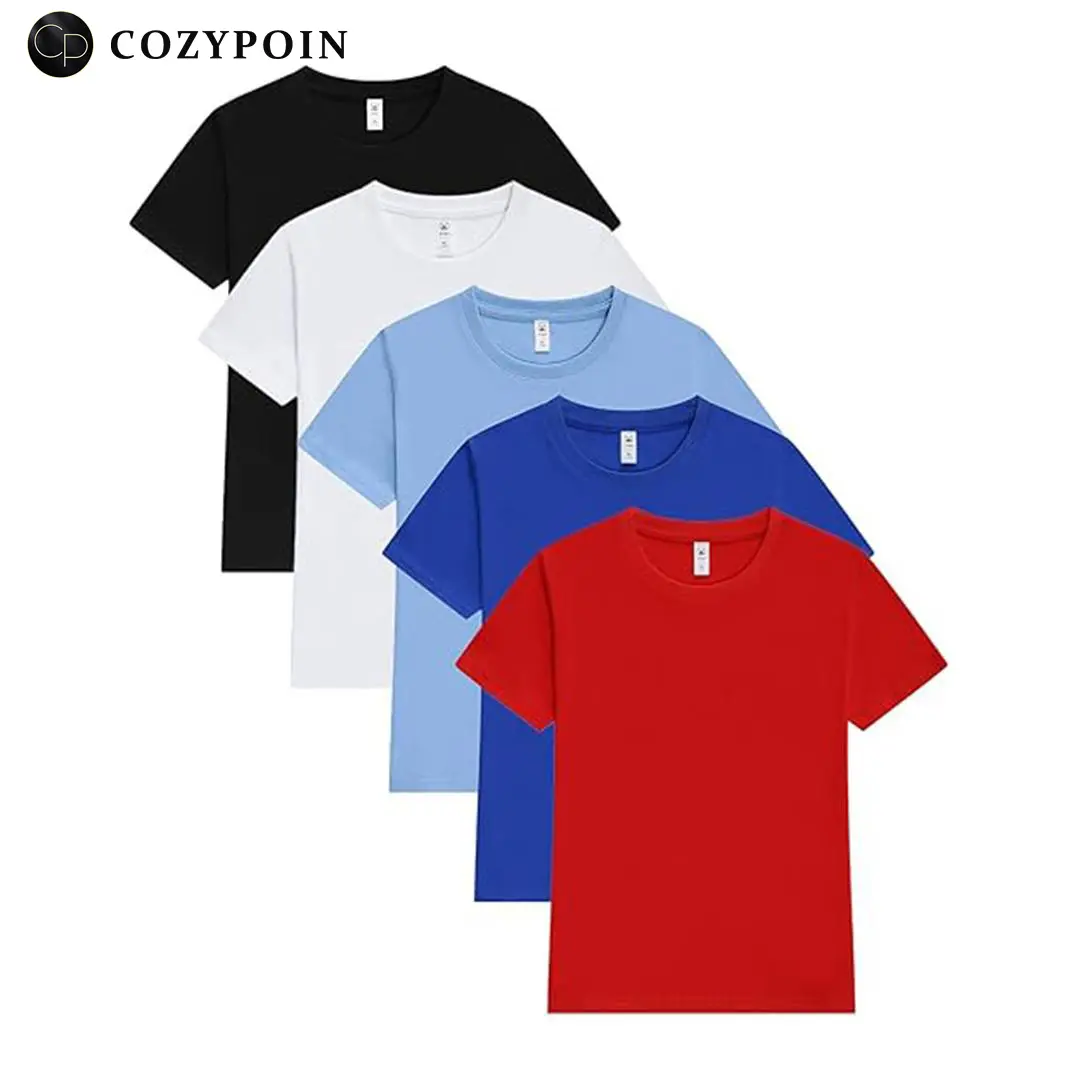Boys' 5-Pack Solid Youth Short-Sleeve Cotton Crew T-Shirts, Ribbed Ultra-Soft Breathable Fitted Summer Outfits for Kids, Solid Shirt, Youth Tee Shirt