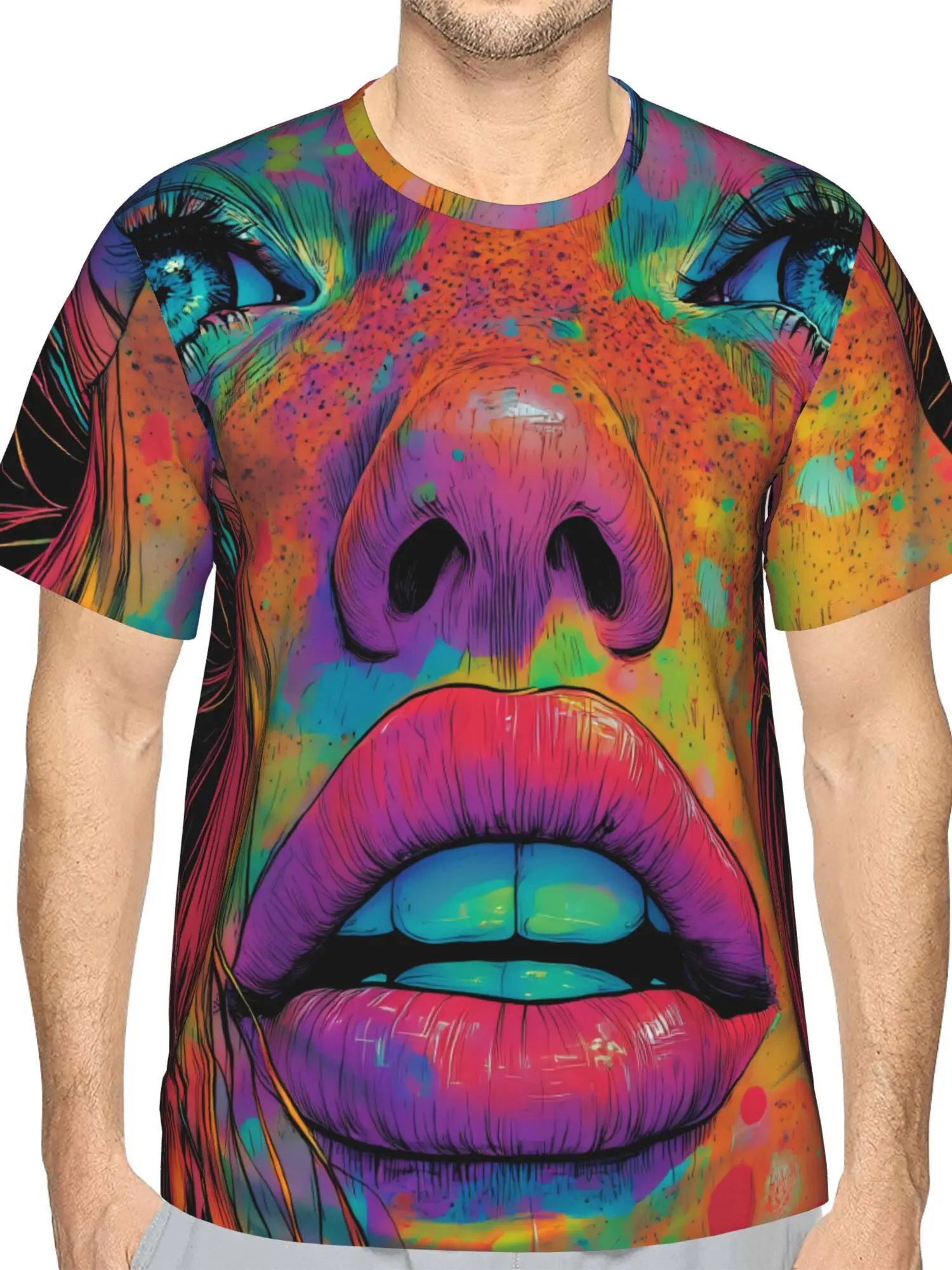 Men's 3D Digital Printed Psychedelic Woman Face T-Shirt - Neon Vibrant Abstract Graphic Top, Crew Neck Shortsleeve, Lightweight Breathable Polyester Knit Fabric, Summer Casual Daily Wear, Gifts, S-3XL, Tshirt, Menswear