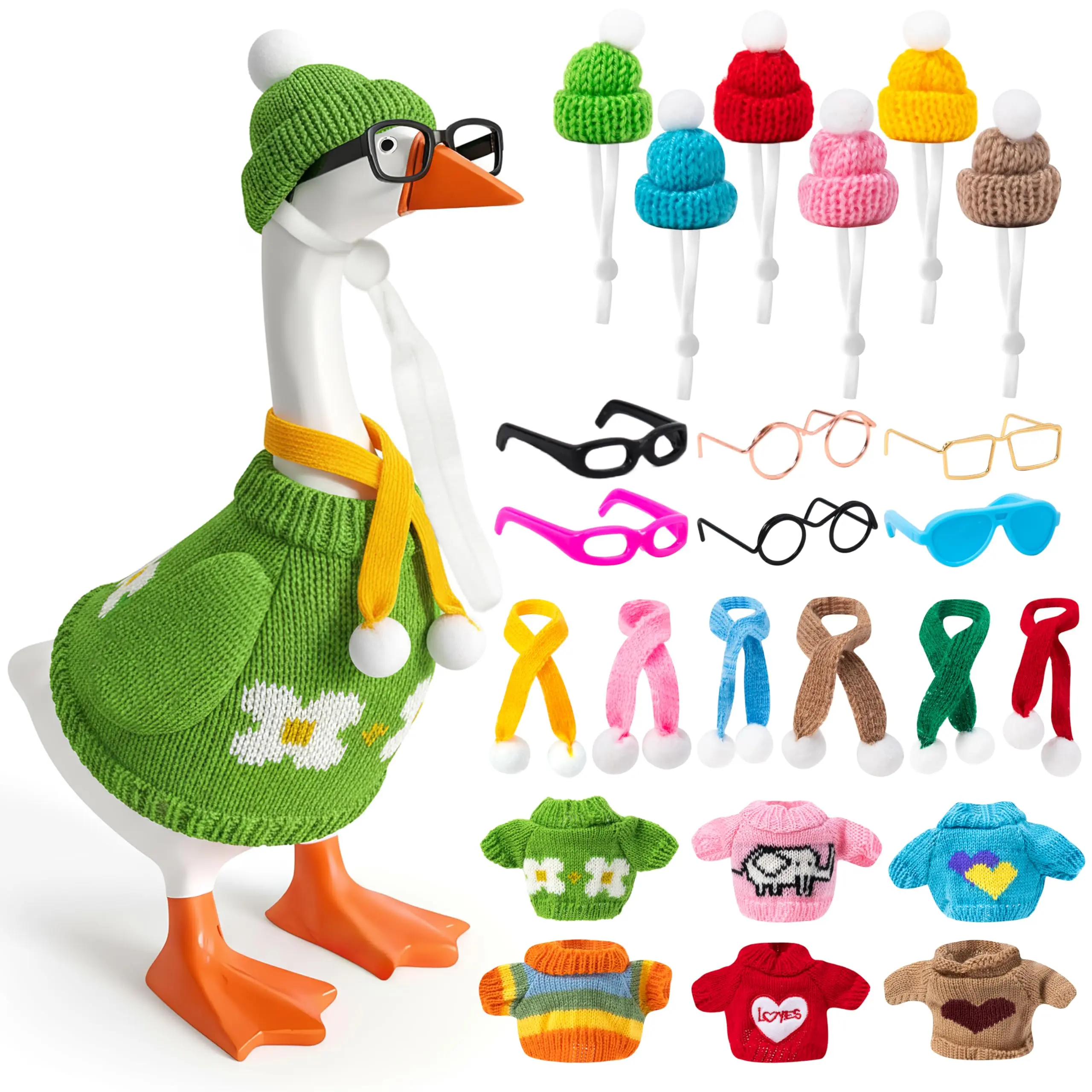 24-Piece Funky Desk Goose Outfit Set, Knitted Sweaters with Floral & Heart Prints, DIY Accessories with Hats & Sunglasses for Holiday Birthday Decor, Plastic, Magnetic, Knitting, Playful Prints, Mini Outfit, Mix & Match