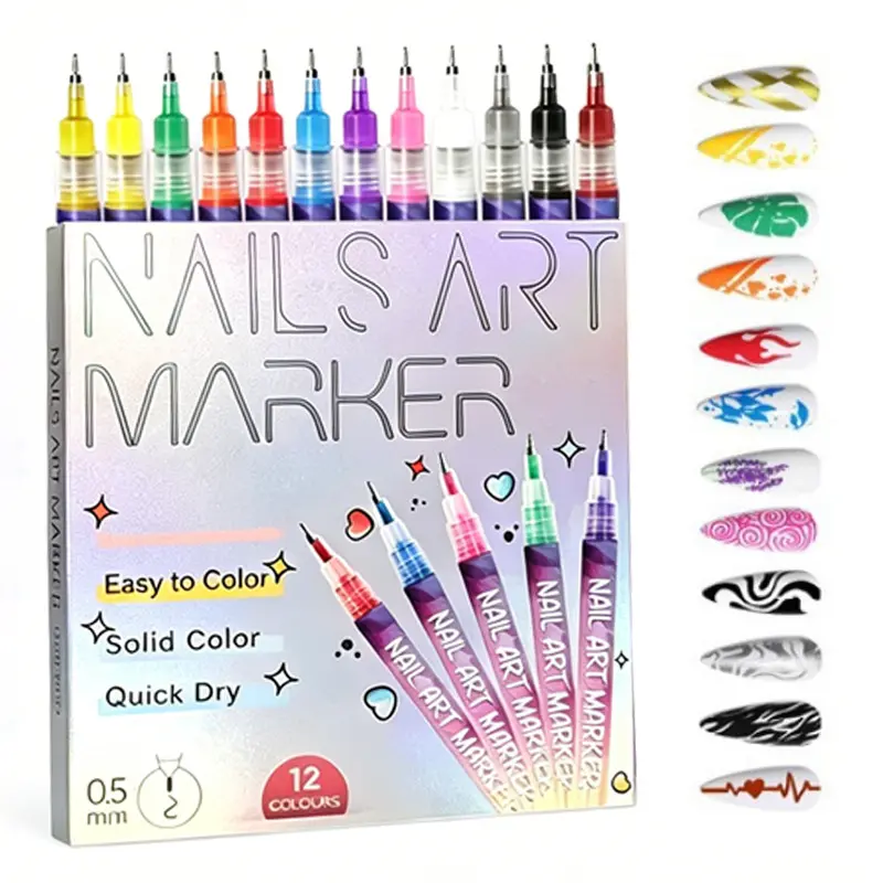 12 Color Nail Doodle Pen for DIY Nail Art Quick Drying Acrylic Painting and 3D Dot Embroidery mma acrylic nail - On Nails Quick Drying Dot Stitching Nail Art Pen for Home and Salon DIY, Nail Care Cutics Manicure Polish Cosmetic