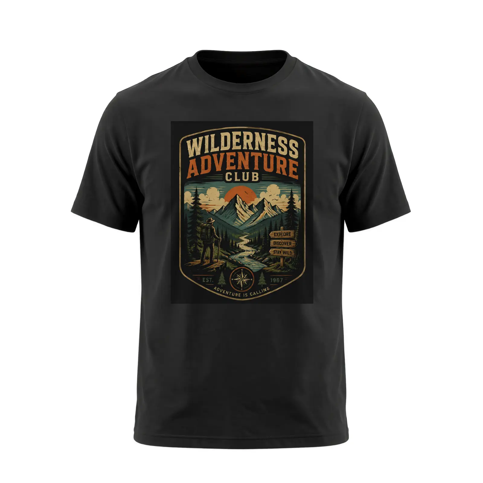 Men's Vintage Wilderness Graphic Tee, Casual Breathable Short-Sleeve Menswear Top for Mountain Camping Outdoor Adventure, Tops