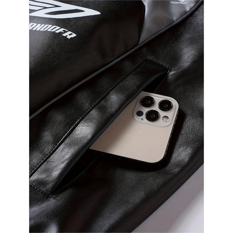 Men's PU Leather Racing Style Zip-up Jacket - Green and Black Color-block, Stand Collar and "HOOD FRENDS" Pattern Print, Casual Streetwear, Casual Clothing, Daily Jacket | Modern Casual Jacket | Smooth Leather Jacket