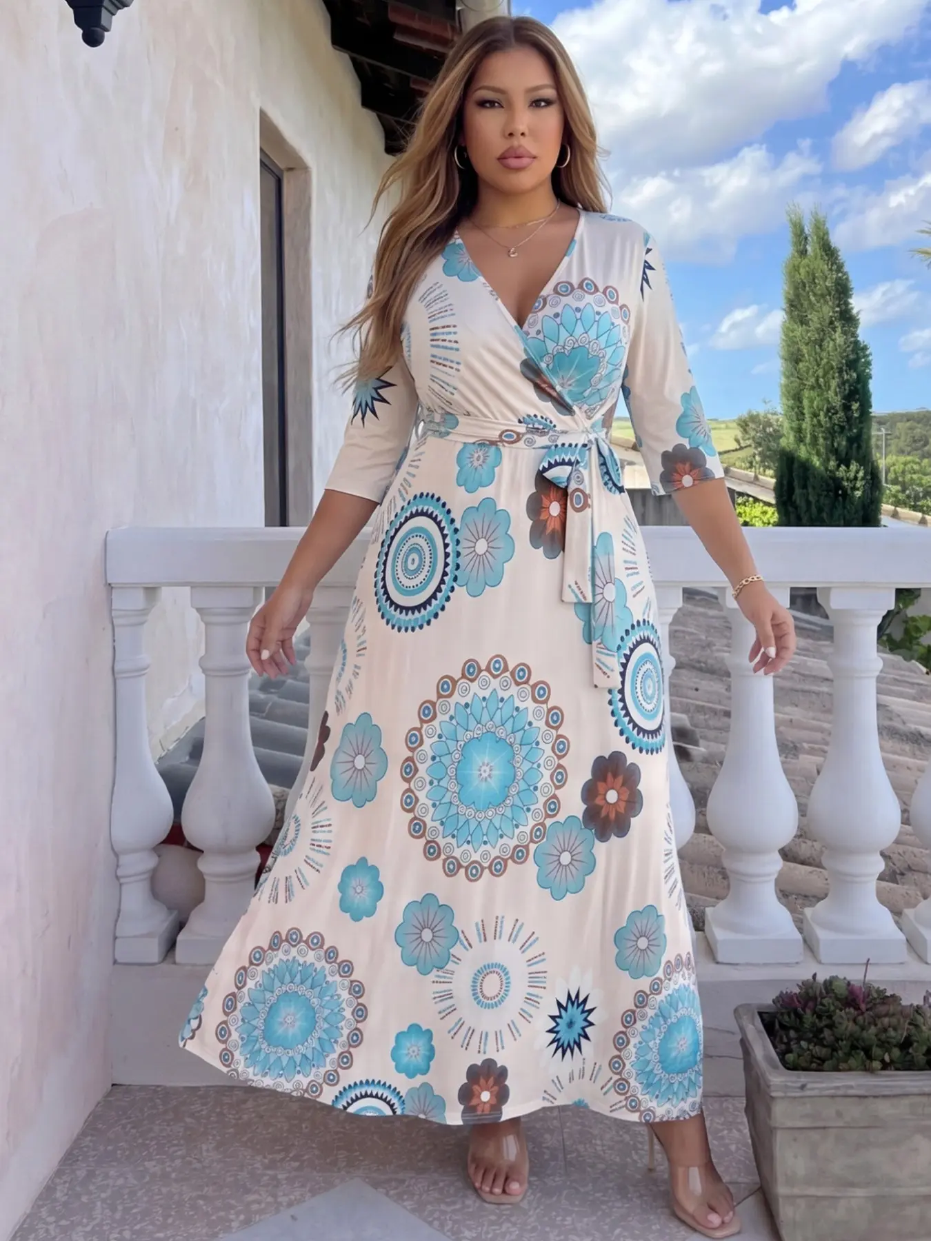 Plus Size Boho Mandala Floral Print Maxi Dress, Deep V Neck 3/4 Sleeve, Wrap Tie Waist, Flowy Adjustable Casual Dress, Multiple Colors Available - TikTok Shop Plus Size Boho Mandala Floral Print Maxi Dress, Deep V Neck 3/4 Sleeve, Wrap Tie Waist, Flowy Adjustable Casual Dress, Multiple Colors Available - TikTok Shop
