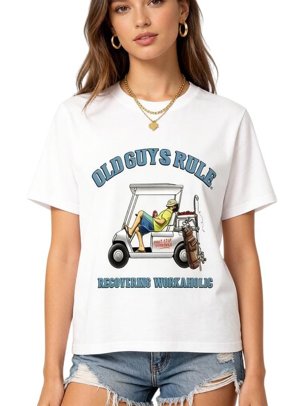 Women's Lightweight Cotton H-Type T-Shirt - Short Sleeves, Fitted, Cropped, Crew Neck, Soft, Funny Old Guys Rule Recovering Workaholic Grandpa Golf Course Graphic, Vintage Letter Heat Transfer, White, Retro, Do Not Bleach, Backless Golfers' Casual Top