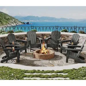 Gaomon Folding Adirondack Chair Set of 6, All-Weather HDPE Plastic Outdoor Chairs with Wood Grain Textured Finish, Cup Holders and Wide Arms for Patios, Gardens