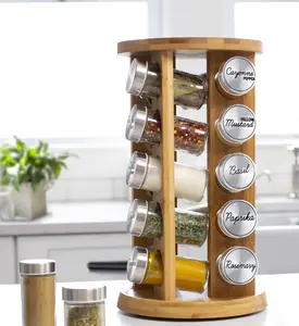 Jar Bamboo Spice Rack with Spices Included - Rotating Tower Organizer for Kitchen Spices and Seasonings(Bamboo Wood)