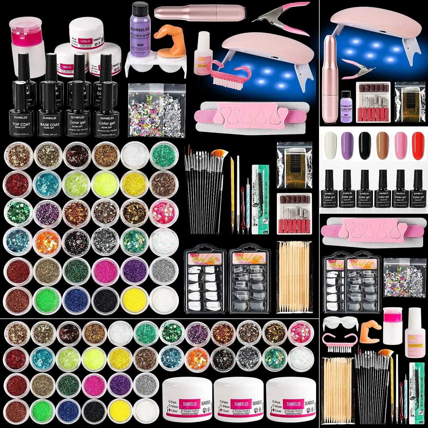 Acrylic Nail Kit with Monomer Liquid, UV Light, Nail Drill, 6 Gel Polish | Comes with acrylic powder, 36 glitter sequins, false nail tips & full manicure tools, perfect home salon DIY gift for women