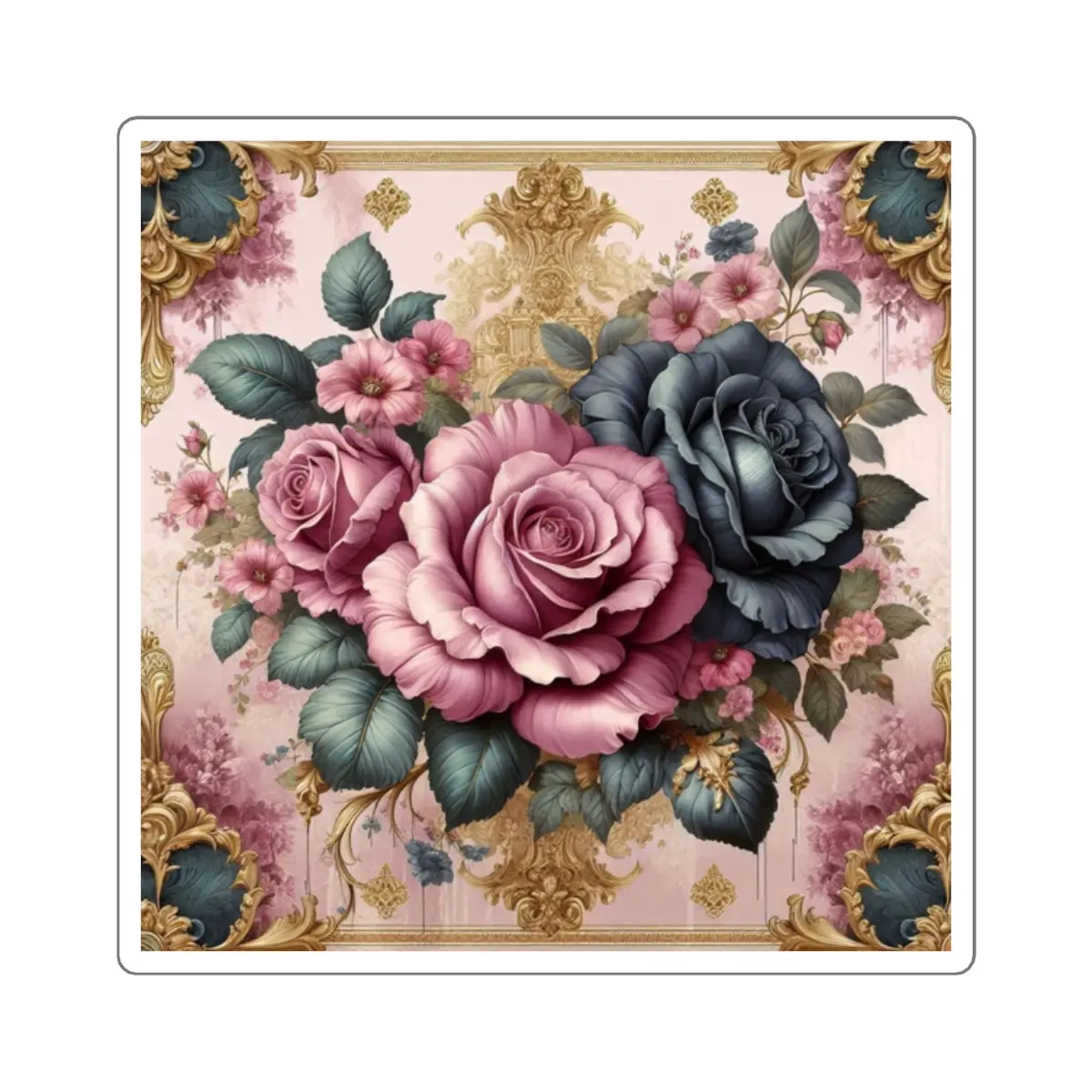 Pink & Teal Roses Rococo Square Stickers -  Four sizes to choose from, Glossy finish,  For indoor use