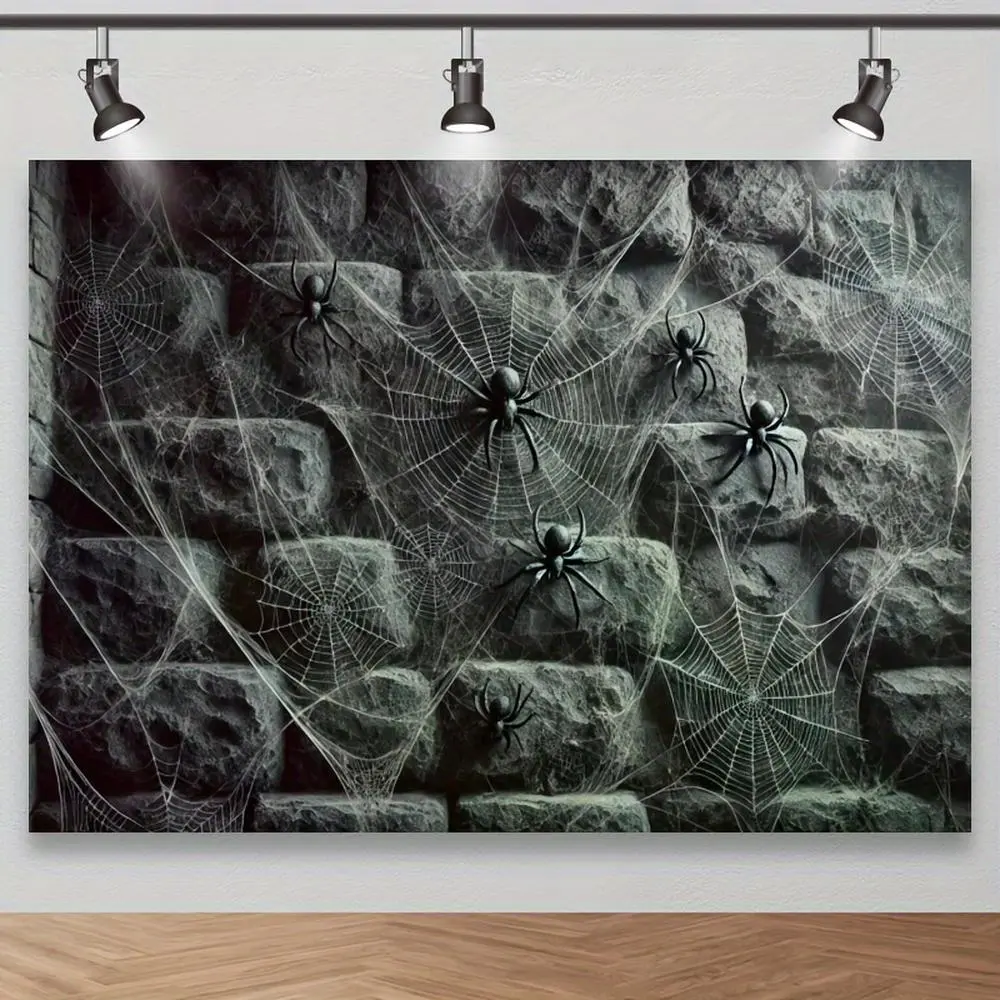 Halloween Spider Web Backdrop - Polyester Ancient Stone Wall Background Cloth with Realistic Look Cobwebs, Ideal for Haunted House, Halloween Party Decor