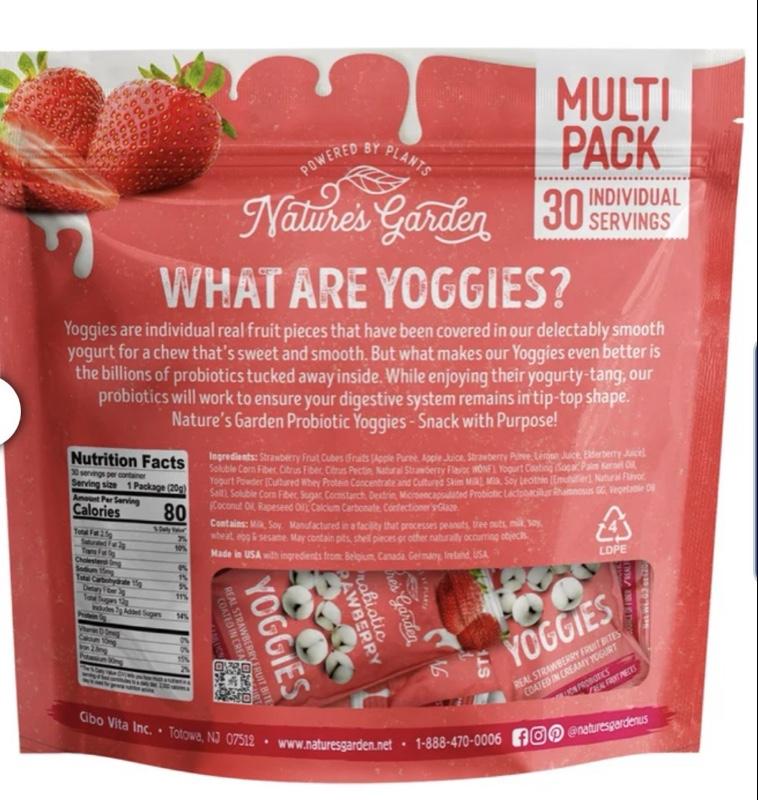 Probiotic Strawberry Yoggies 0.7 oz 30-count with 2 Billion Probiotic Cultures & 3g Fiber per Serving