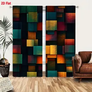 2Pcs Curtains2D Flat Vibrant Abstract Pattern With Grid Rectangular Blocks In Warm Cool Colors Textured 3D Effect Dynamic Colorful Modern ArtworkWindow Drapes for Bedroom Room Decor Decoration Window Treatment.