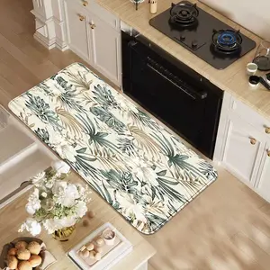 Vintage Tropical Plant Print Flannel Kitchen Mat, Absorbent Non-Slip Foot Pad, Durable Easy Clean, Suitable for Kitchen and Hallway