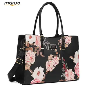 MOSISO Peony Floral Laptop Tote Bag for Women 15.6-17.3 Inch Waterproof PU Leather with Adjustable Handle Shockproof Compartment Large Capacity for Business Office School Travel