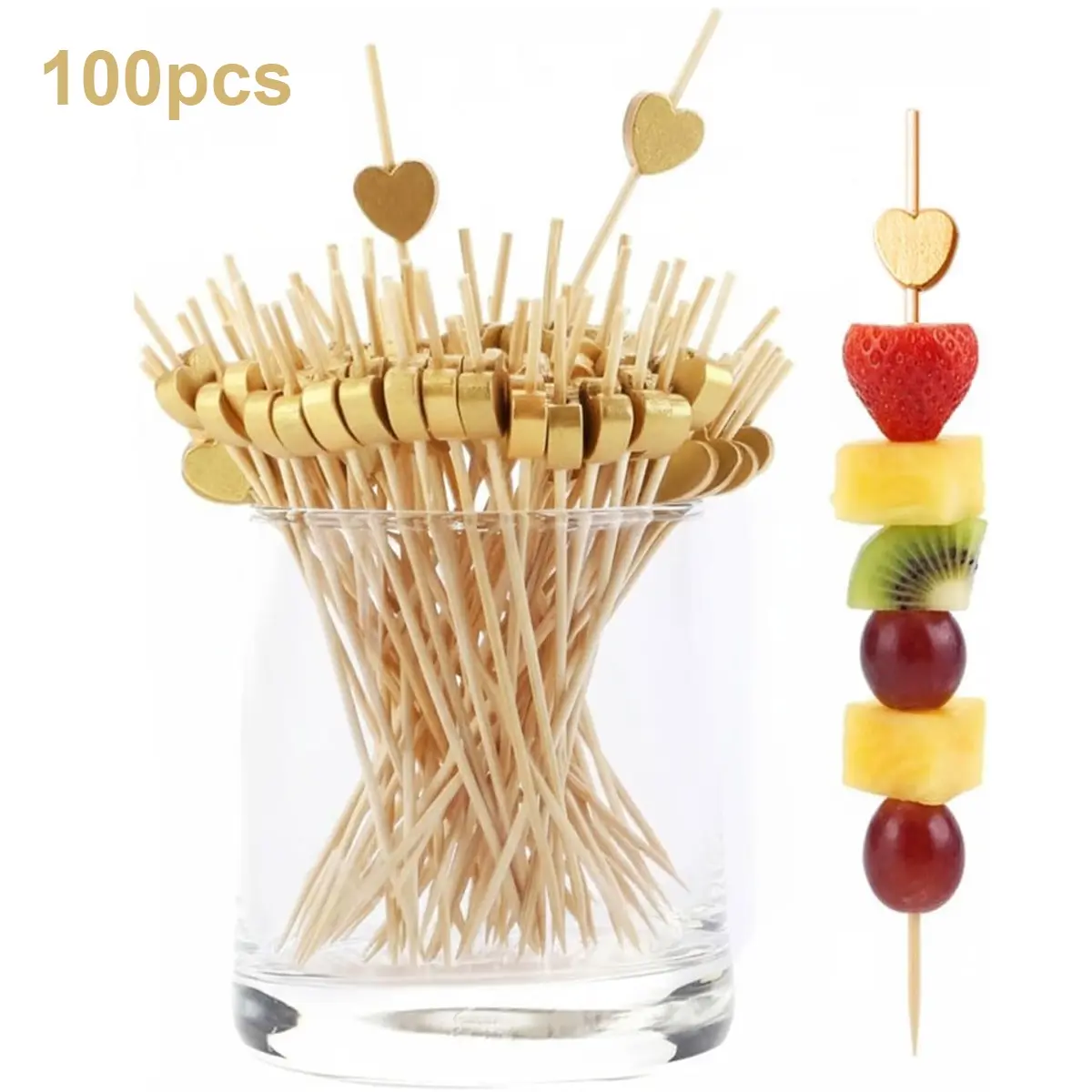 100 Counts Toothpicks for Appetizers, Bamboo Cocktail Picks, Heart Shaped Food Picks, Chrome Gold Cocktail Skewers 4.7 Inch Long Fruit Skewers, Barbecue Skewers for Home Restaurant Buffet Party Gatherings Valentine's Day Party Supplies, Food Presentation