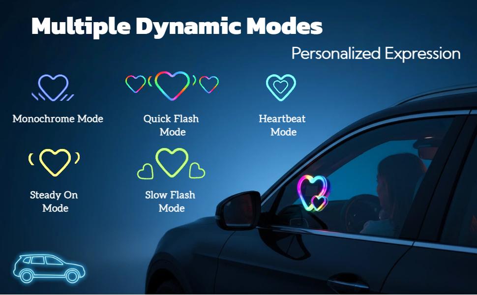 New Car LED Ambient Lighting - seven Colors eight Modes RGB Solar Powered&USB Charging Two Heart-Shaped Neon Light for Window Car Interior Light Decoration IP65 Waterproof