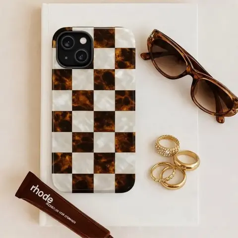 Checkerboard Cellphone Case with Pearl-Tiger Eye Tortoise Design, Safety Shockproof Smartphone Cover, Y2K Trend Chic Luxury Gold Detailing, Stylish Accessory for iPhone 18,17,16,15,14,13,12 Pro Max & Samsung S26,S25,S24,S23,S22,S21 Ultra Plus Devices