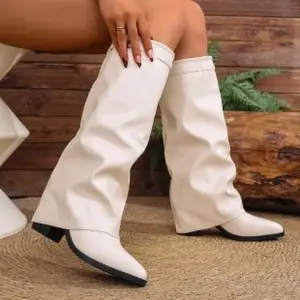 Women'S Slip-Resistant Chunky Heel Equestrian Riding Boots - Glossy White Round Toe Knee-High Calf Boots with Synthetic Lining, Durable Rubber Sole & Easy Slip-On Closure for Horseback Riding, Casual & Formal Events - All-Season Versatile Booties, Boots f