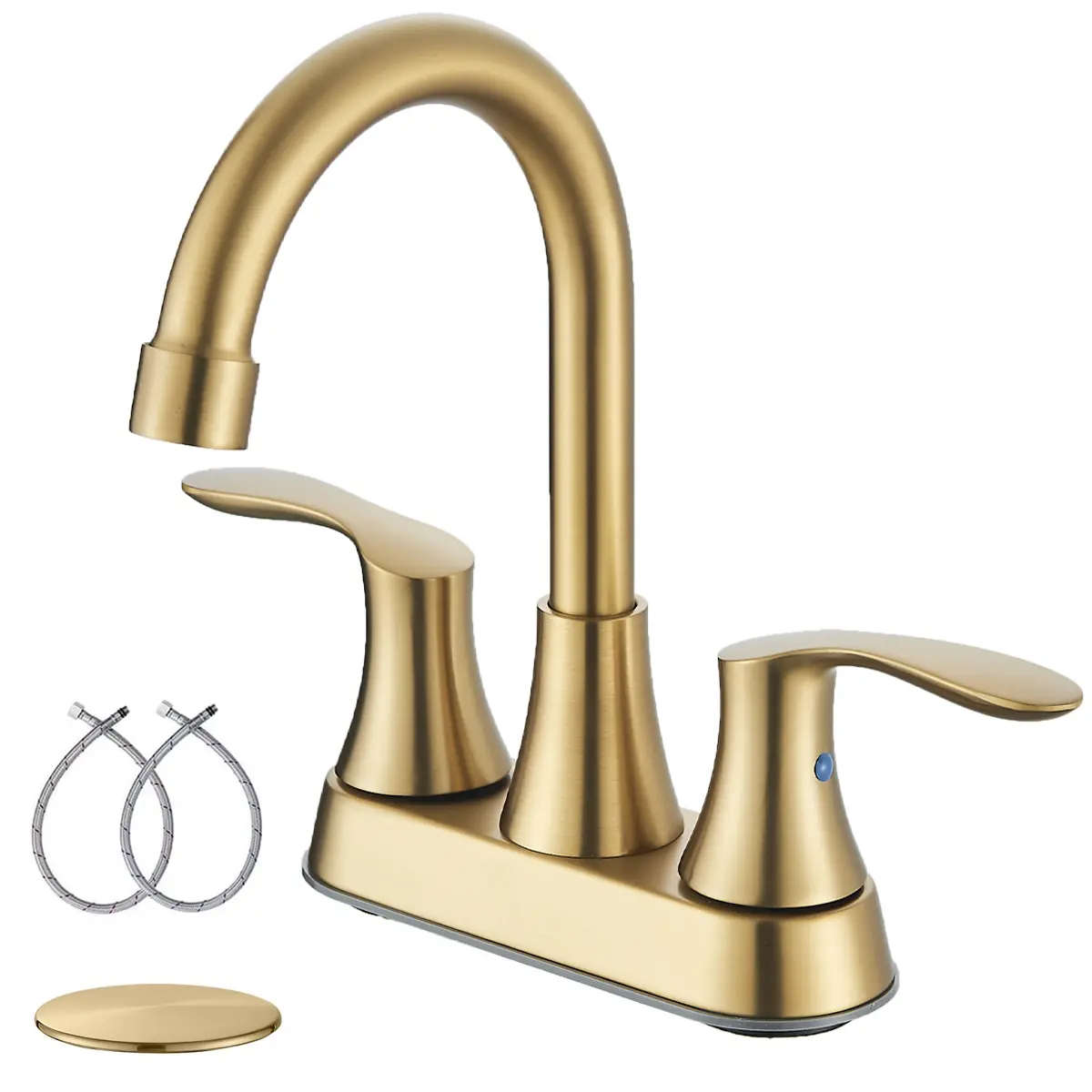 ATSHOWER 4 Inch Brushed Gold Bathroom Sink Faucets with Mixing Hot Cold Water Supply Hoses and Pop-Up Drain, Bathroom Faucets for Sink 3 Holes, Lead-Free 2-Handle Centerset Basin Vanity Mixer Tap