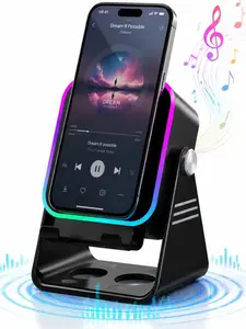 3-in-1 Wireless Bluetooth Induction Speaker, Adjustable Cell Phone Stand with RGB Color Lights & 3500mAh Large Capacity Battery, Wired Microphone Included, Portable Desktop Speaker Amplifier Compatible with iPhone Android Tablets - Black   smartphone