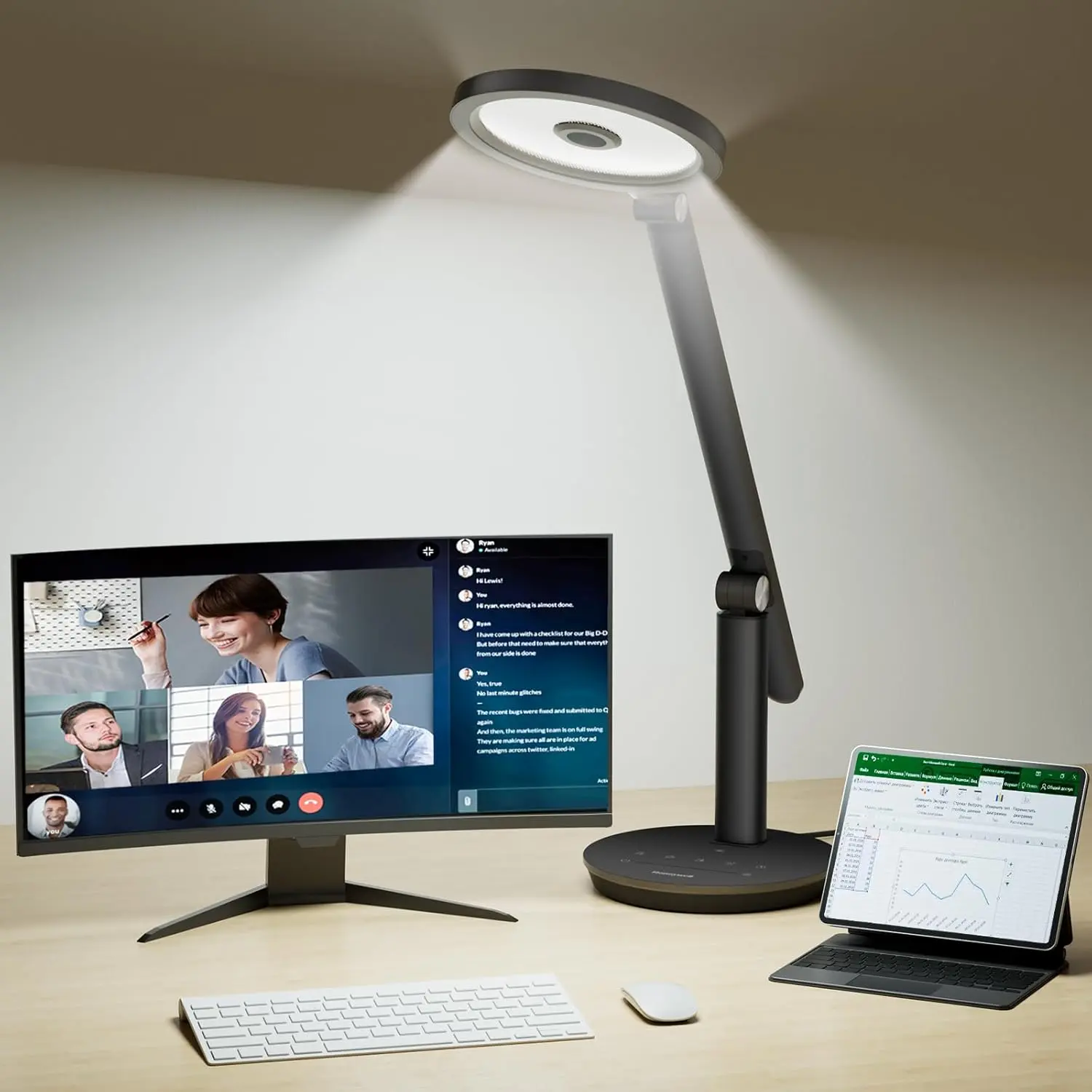 Desk Lamp for  Office, H6 Sunturalux Eye-Caring Led Desk Light, 800LM Dimmable Desk Lamp with Timer, Touch Control Tall Desk Reading Light, Table Lamp for Circle Webcam, Study, Bedroom