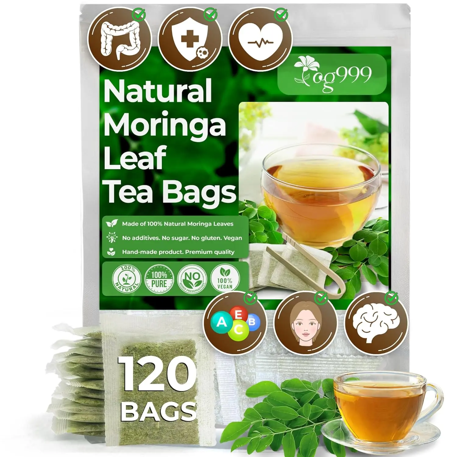 FreshDrinkUS 120 Moringa Leaf Tea Bags, 100% Natural & Pure from Moringa Leaves. Loose Leaf Moringa Herbal Tea. Moringa Leaf Tea. No Sugar, No Caffeine, No Gluten, Vegan. Beverage