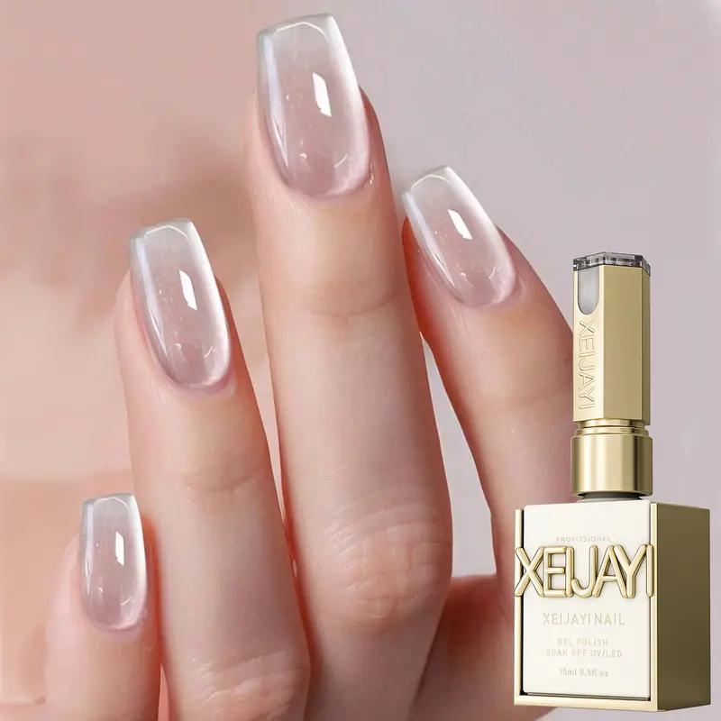 XEIJAYI 1PC 15ML TPO&HEMA-Free Cosmetic Bottle Porcelain White Flower Cat Eye Glam Gel Nail Polish, Clear-Based Glossy Glass Bead Shimmer, Magnetic Light Reflection, Alcohol-Free Long-Wearing Soak-Off UV LED for DIY Decorated Nails at Home, Salon Use