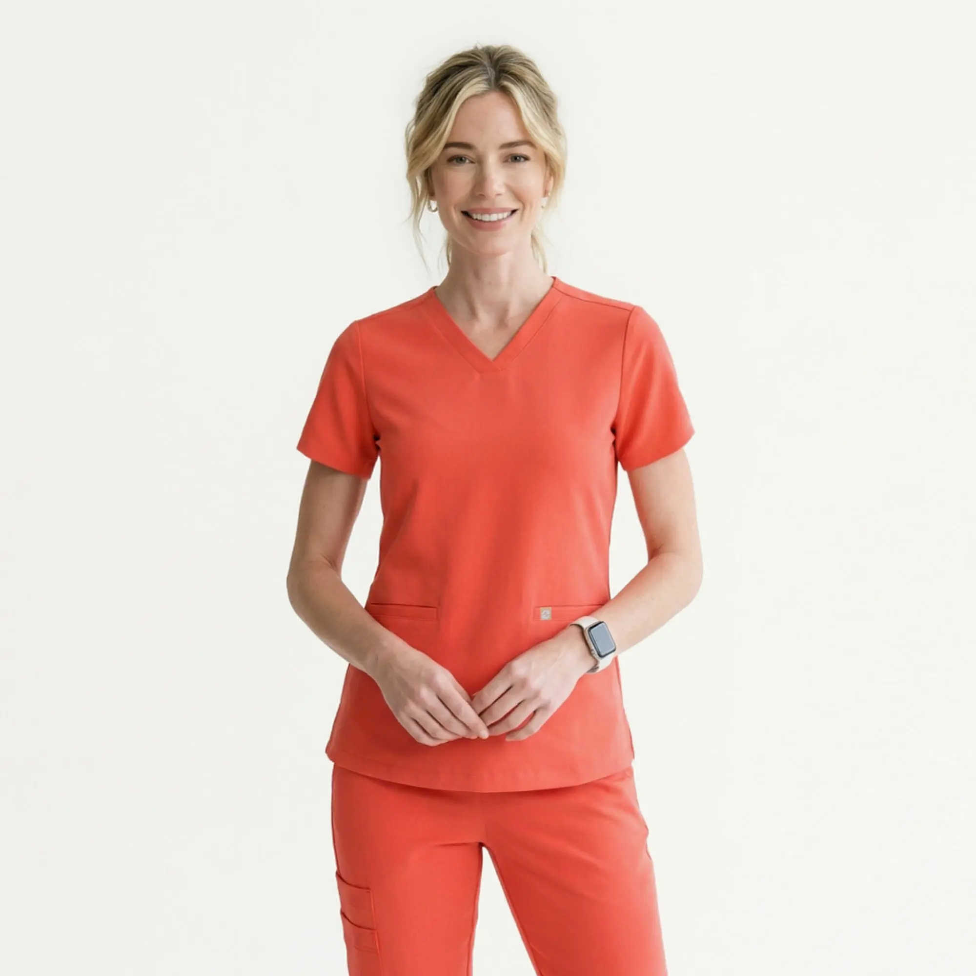 Zenir | Women's Double Pocket Scrub Top - Tiger Orange