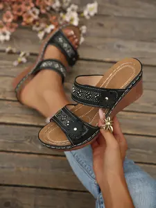 Women's New Cross-Border Casual Classic Thick Sole Wedge Sandals, Rhinestone Design, Vintage Solid Color, Large Size Fashion Women's Wedge Sandals