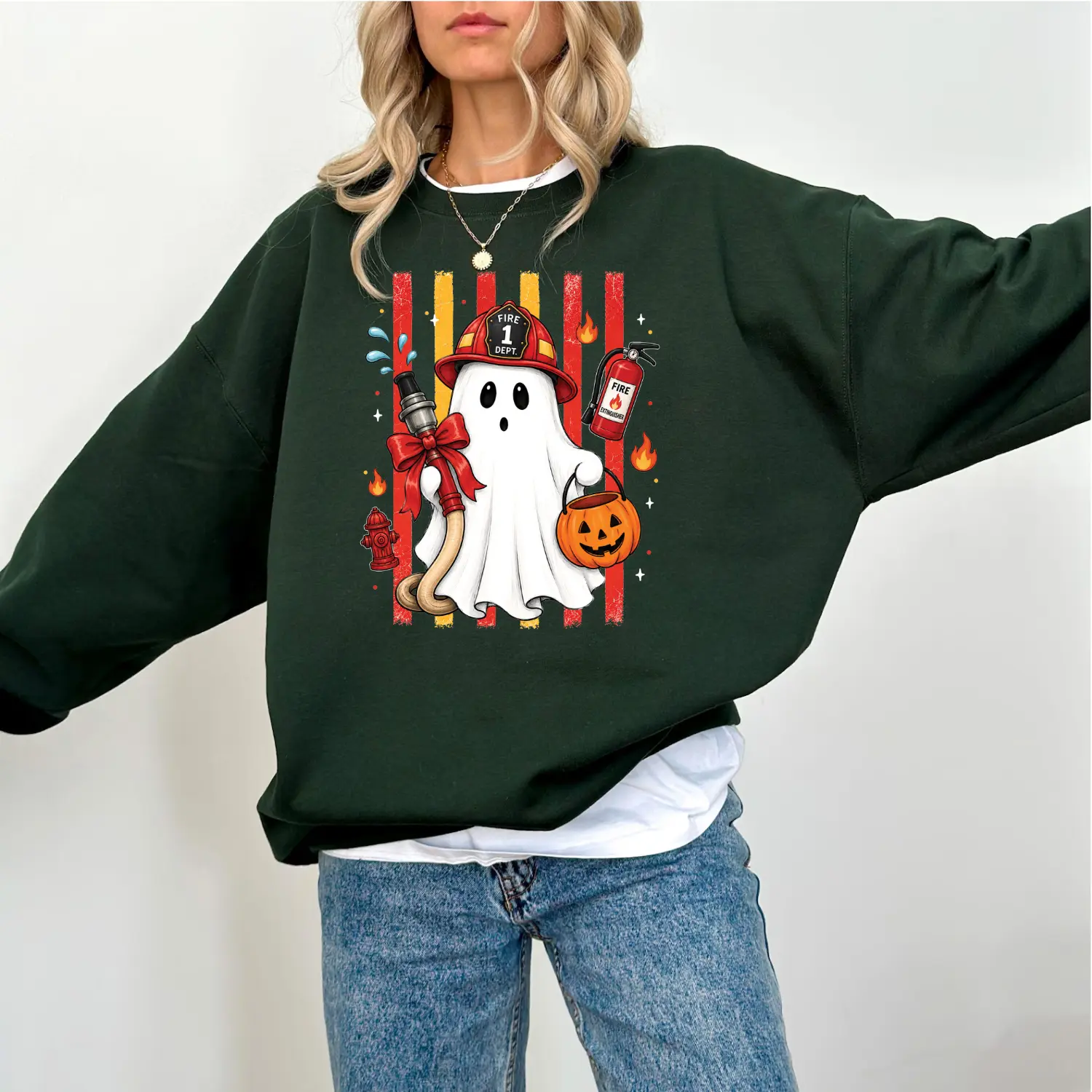 Firefighter Ghost Halloween Sweatshirt, Firefighter Halloween Crewneck, Cute Firefighter Ghost Shirt, Fire Department Graphic Sweatshirt, Firefighter Gift Unisex