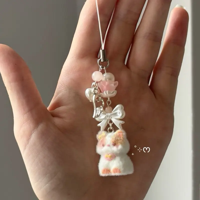 calico kitty cat pink flocked heisei retro dtdeco juminocore kawaii phone / bag charm <3