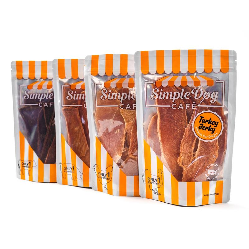 4 Bag Jerky Box for Dogs - Single Ingredient Each, 100% USA Made Chicken, Beef, Pork or Turkey Jerky, All-Natural, Human-Grade Healthy Snack, Includes (4) 6oz Bags, good for all breeds, picky/allergic dogs favorite Treat, Only at Simple Dog Café