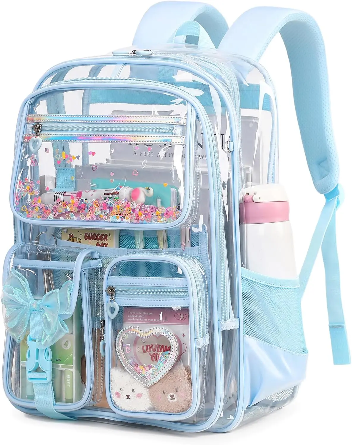 Clear Backpack for Girls, Clear Bookbag Heavy Duty Transparent Backpack for Stadium Events, See Through Back Pack for Kindergarten Elementary Middle High School, Blue