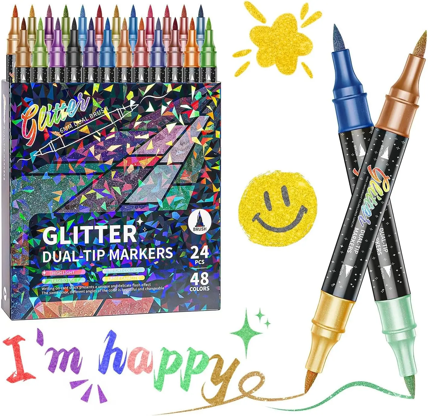 Glitter Brush Markers with 1-6mm Brush Tip for Coloring | 24 Pack Dual Tip Glitter Acrylic Paint Markers, Sparkle Glitter Pen for Cards, DIY Crafts, Scrapbooking, Journaling