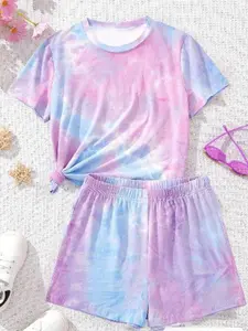 Summer 2-Piece Set Cute Teen Girls Vintage Girly Clothes Casual Minimal Short Sleeve Top Shorts Set Gradient Tie Dye Print Retro Street Style Comfortable Fashion Summer Clothing Set, Summer Outfits Set